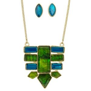 Green Foil Abstract Spike Long Necklace Earrings